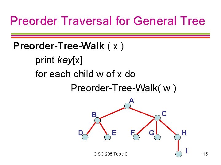 Preorder Traversal for General Tree Preorder-Tree-Walk ( x ) print key[x] for each child