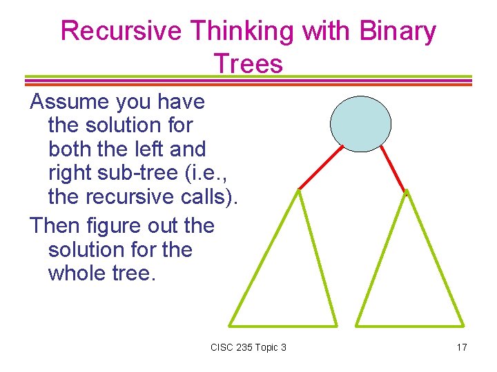Recursive Thinking with Binary Trees Assume you have the solution for both the left