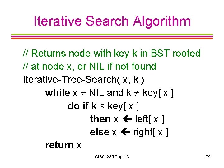 Iterative Search Algorithm // Returns node with key k in BST rooted // at