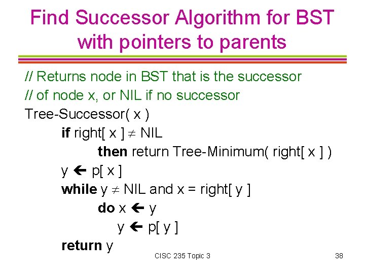 Find Successor Algorithm for BST with pointers to parents // Returns node in BST