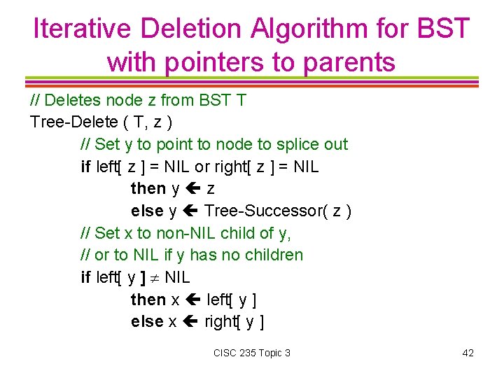 Iterative Deletion Algorithm for BST with pointers to parents // Deletes node z from