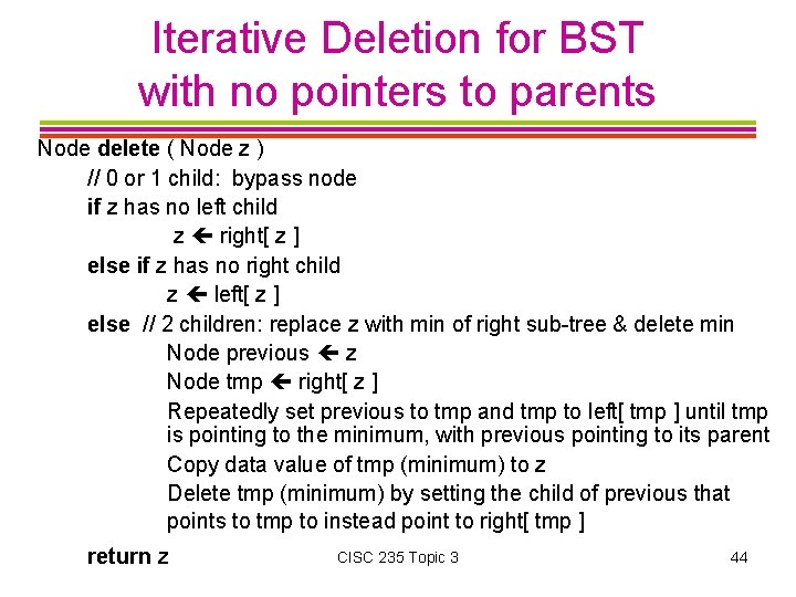 Iterative Deletion for BST with no pointers to parents Node delete ( Node z