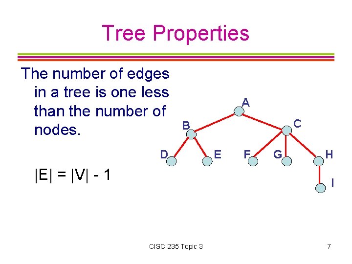 Tree Properties The number of edges in a tree is one less than the
