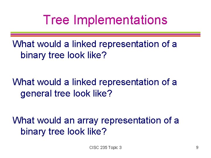 Tree Implementations What would a linked representation of a binary tree look like? What