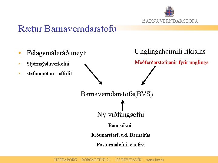 Rætur Barnaverndarstofu BARNAVERNDARSTOFA • Félagsmálaráðuneyti Unglingaheimili ríkisins • Stjórnsýsluverkefni: Meðferðarstofnanir fyrir unglinga • stefnumótun