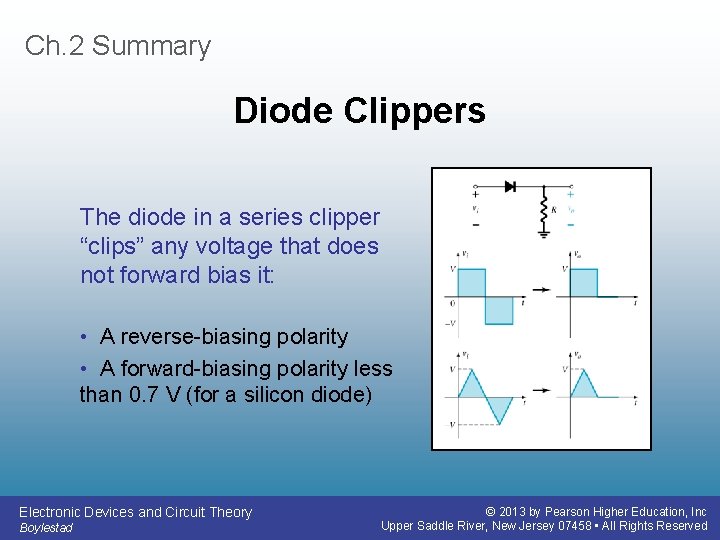 Ch. 2 Summary Diode Clippers The diode in a series clipper “clips” any voltage