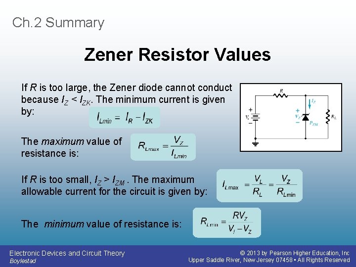 Ch. 2 Summary Zener Resistor Values If R is too large, the Zener diode