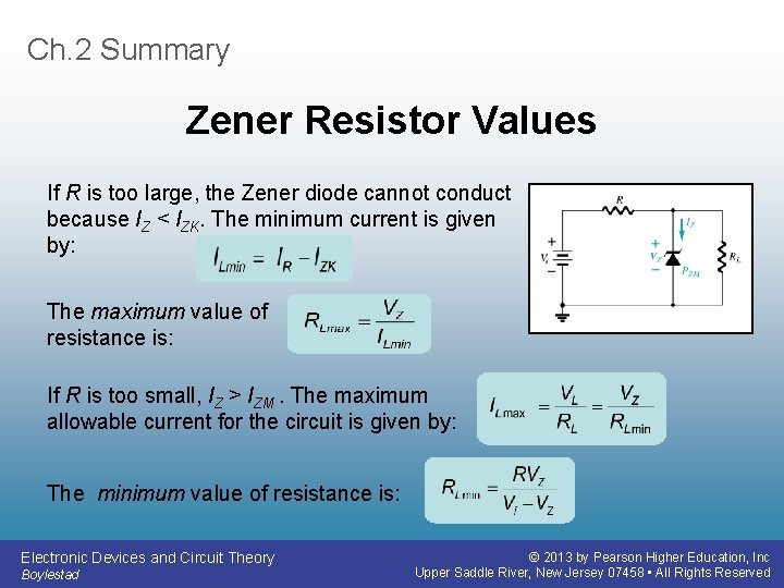 Ch. 2 Summary Zener Resistor Values If R is too large, the Zener diode Ch. 2 Summary Zener Resistor Values If R is too large, the Zener diode