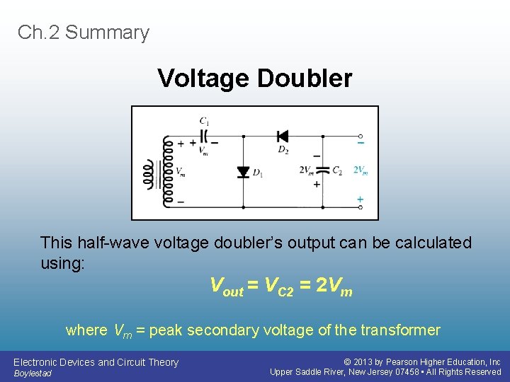 Ch. 2 Summary Voltage Doubler This half-wave voltage doubler’s output can be calculated using: Ch. 2 Summary Voltage Doubler This half-wave voltage doubler’s output can be calculated using: