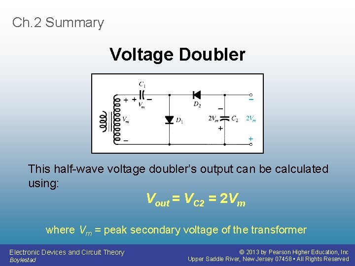 Ch. 2 Summary Voltage Doubler This half-wave voltage doubler’s output can be calculated using: