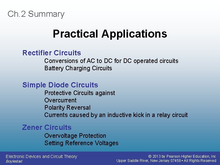Ch. 2 Summary Practical Applications Rectifier Circuits Conversions of AC to DC for DC Ch. 2 Summary Practical Applications Rectifier Circuits Conversions of AC to DC for DC