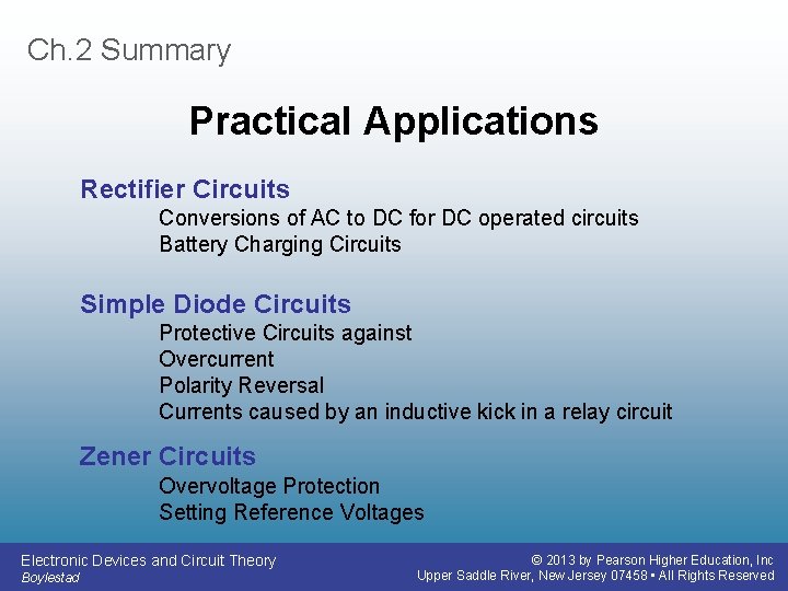 Ch. 2 Summary Practical Applications Rectifier Circuits Conversions of AC to DC for DC