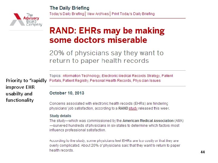 Priority to “rapidly improve EHR usabilty and functionality 44 