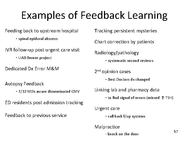 Examples of Feedback Learning Feeding back to upstream hospital - spinal epidural abscess IVR