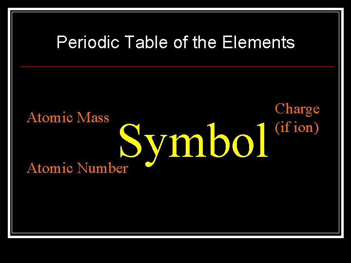 Periodic Table of the Elements Atomic Mass Symbol Atomic Number Charge (if ion) 