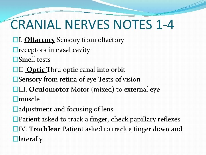 CRANIAL NERVES NOTES 1 -4 �I. Olfactory Sensory from olfactory �receptors in nasal cavity