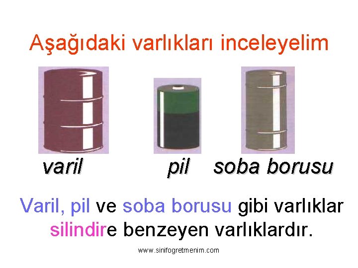 Aşağıdaki varlıkları inceleyelim varil pil soba borusu Varil, pil ve soba borusu gibi varlıklar