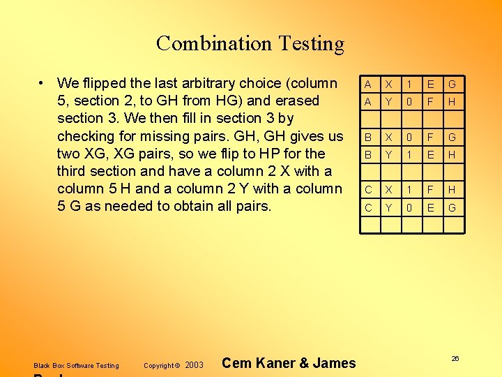 Combination Testing • We flipped the last arbitrary choice (column 5, section 2, to