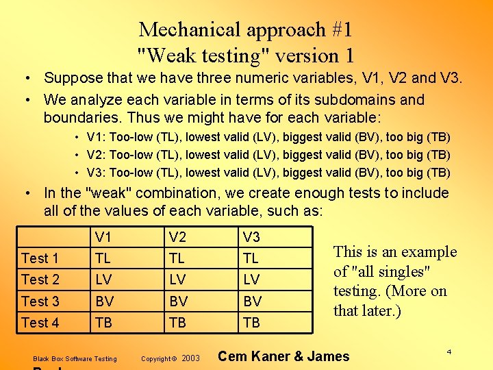 Mechanical approach #1 "Weak testing" version 1 • Suppose that we have three numeric