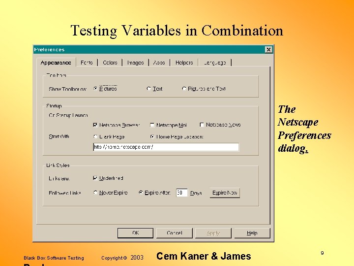 Testing Variables in Combination The Netscape Preferences dialog. Black Box Software Testing Copyright ©