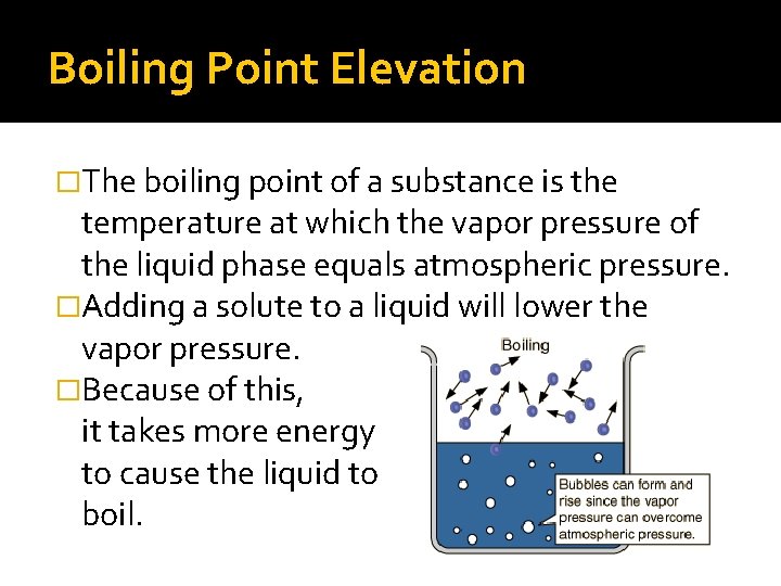 Boiling Point Elevation �The boiling point of a substance is the temperature at which