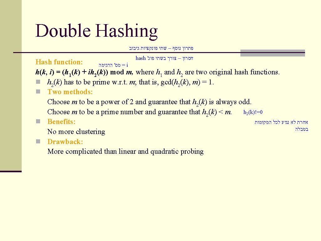 Double Hashing פתרון נוסף – שתי פונקציות גיבוב hash ' חסרון – צורך בשתי
