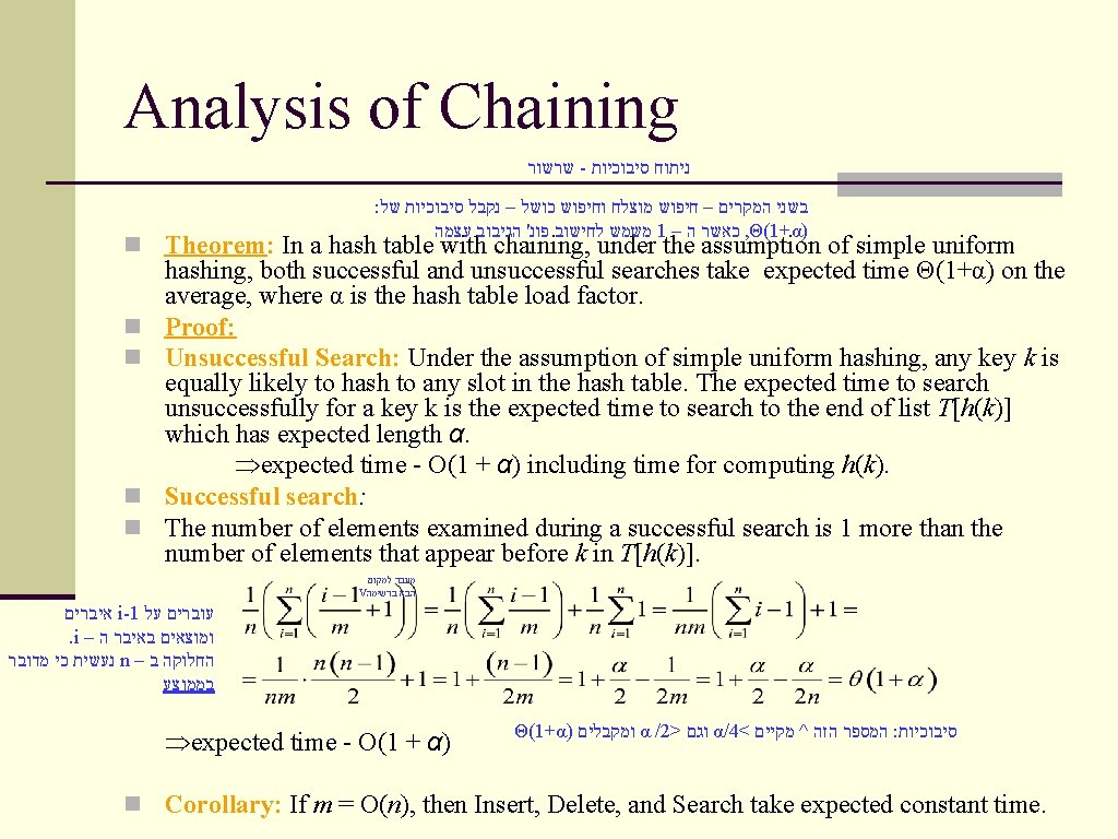 Analysis of Chaining שרשור - ניתוח סיבוכיות : בשני המקרים – חיפוש מוצלח וחיפוש