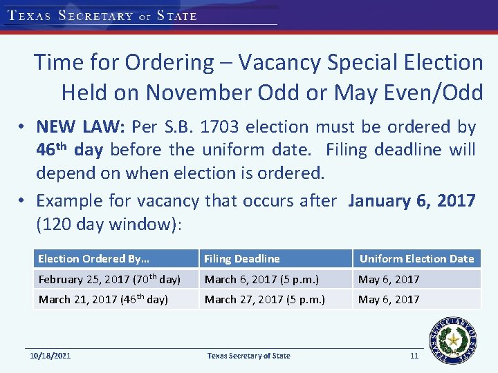 Time for Ordering – Vacancy Special Election Held on November Odd or May Even/Odd