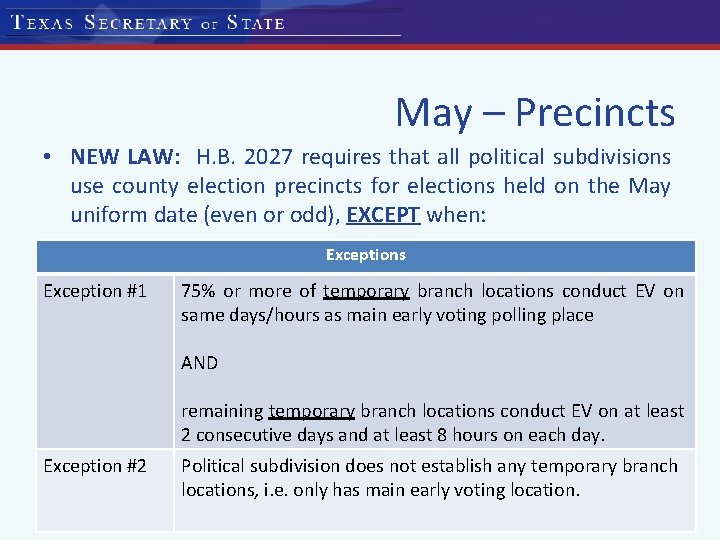 May – Precincts • NEW LAW: H. B. 2027 requires that all political subdivisions