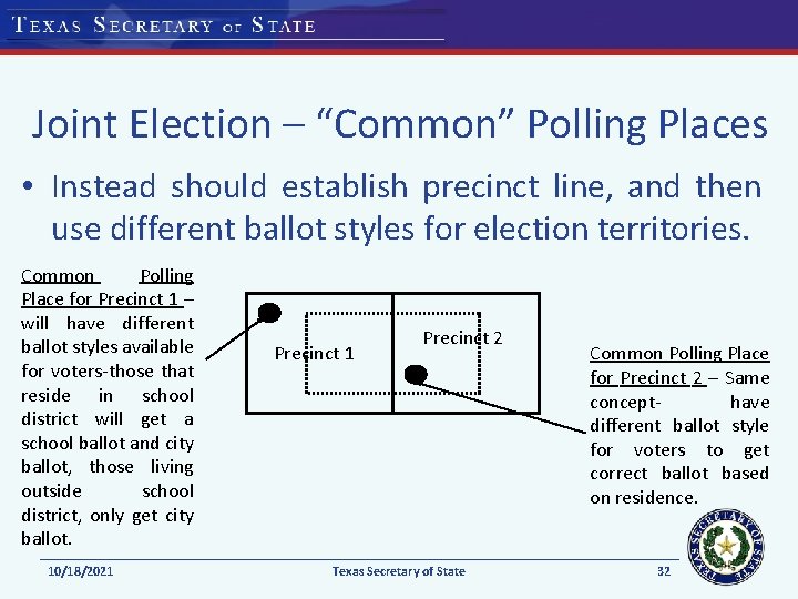 Joint Election – “Common” Polling Places • Instead should establish precinct line, and then