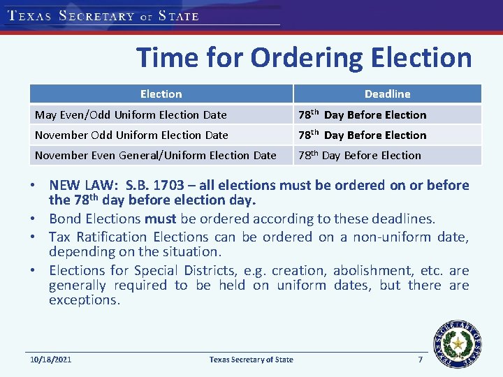 Time for Ordering Election Deadline May Even/Odd Uniform Election Date 78 th Day Before
