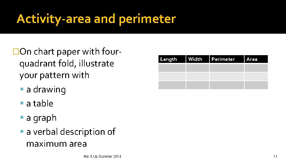 Activity-area and perimeter �On chart paper with four- quadrant fold, illustrate your pattern with