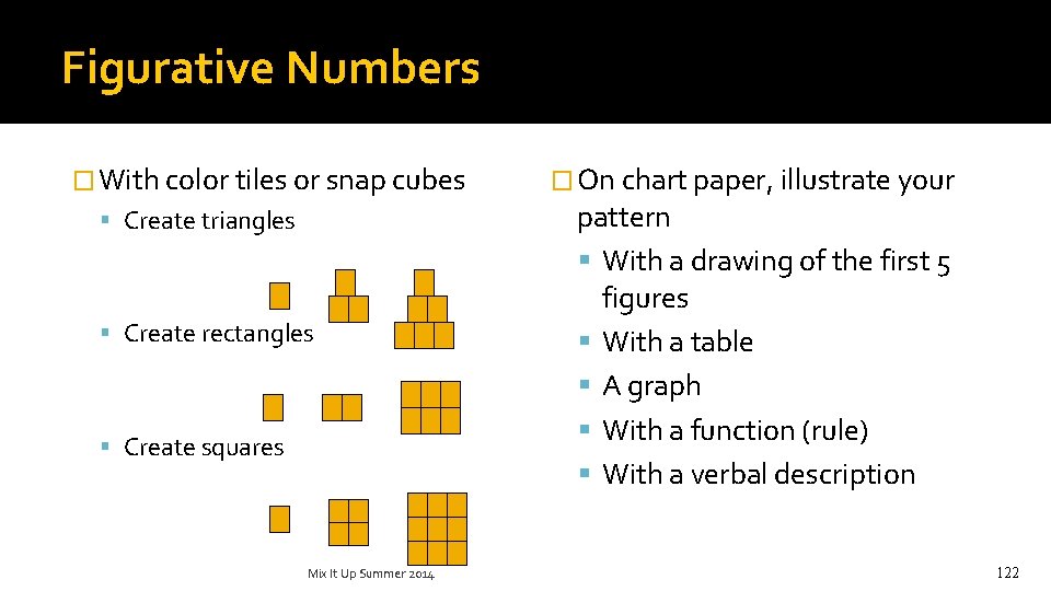 Figurative Numbers � With color tiles or snap cubes Create triangles Create rectangles Create