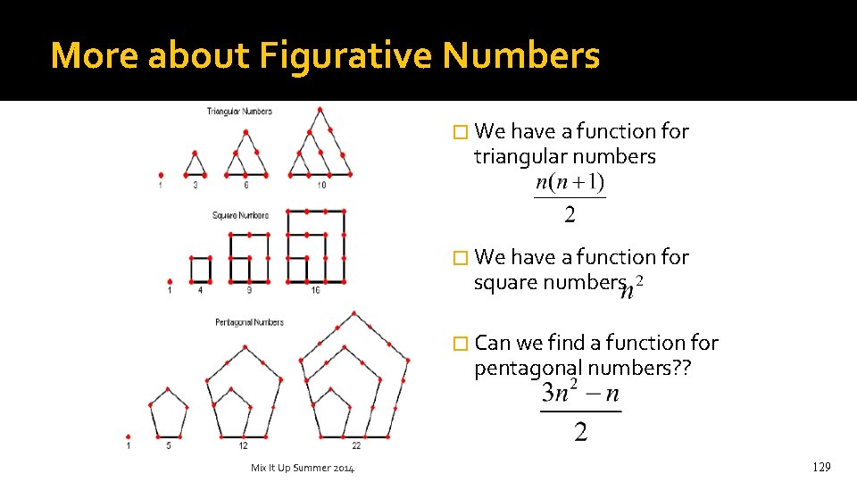 More about Figurative Numbers � We have a function for triangular numbers � We