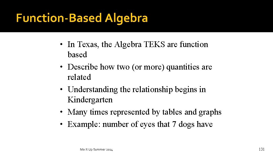 Function-Based Algebra • In Texas, the Algebra TEKS are function based • Describe how