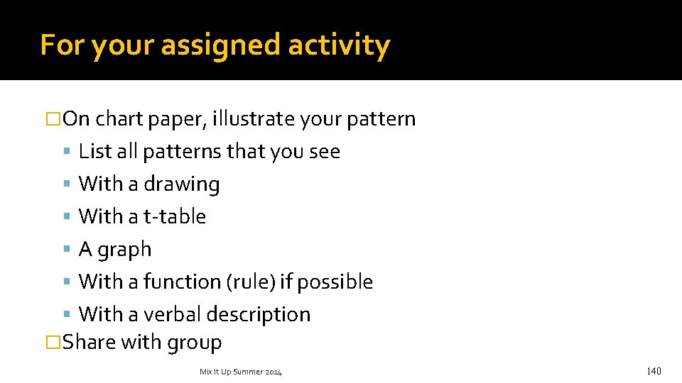 For your assigned activity �On chart paper, illustrate your pattern List all patterns that