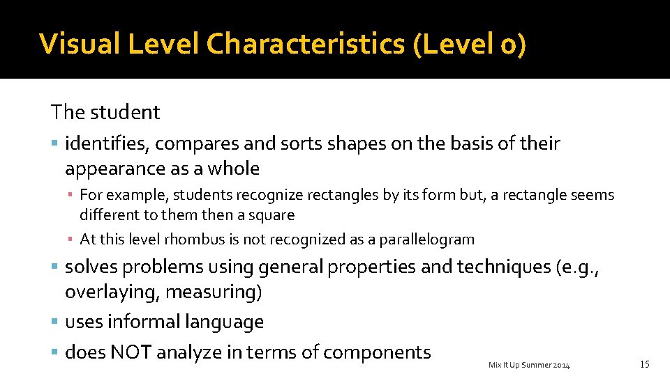 Visual Level Characteristics (Level 0) The student identifies, compares and sorts shapes on the