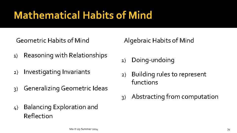 Mathematical Habits of Mind Geometric Habits of Mind 1) Reasoning with Relationships 2) Investigating
