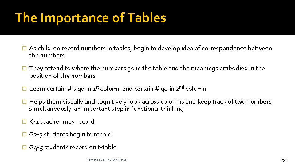 The Importance of Tables � As children record numbers in tables, begin to develop