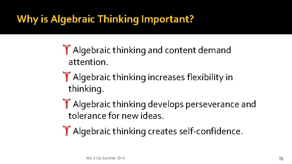 Why is Algebraic Thinking Important? Algebraic thinking and content demand attention. Algebraic thinking increases