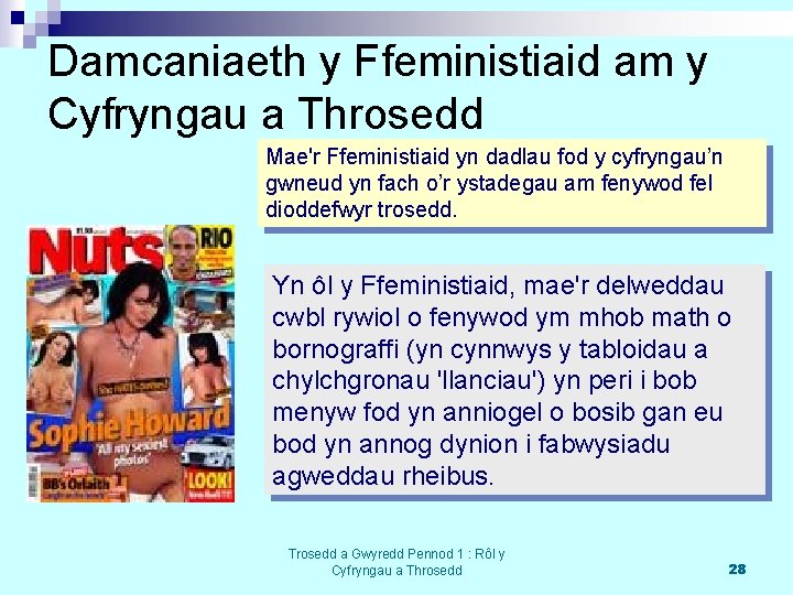 Damcaniaeth y Ffeministiaid am y Cyfryngau a Throsedd Mae'r Ffeministiaid yn dadlau fod y