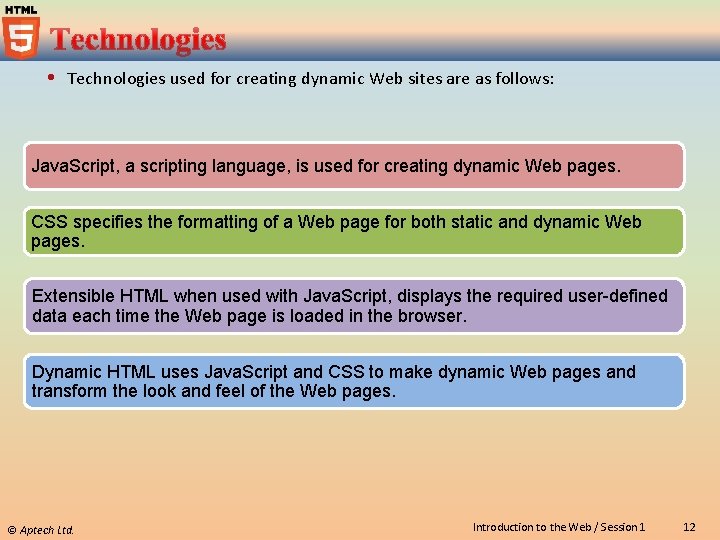  Technologies used for creating dynamic Web sites are as follows: Java. Script, a