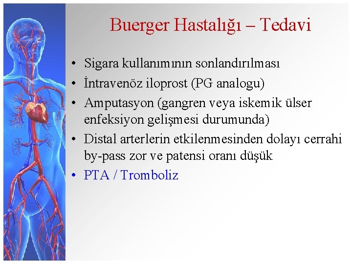 Buerger Hastalığı – Tedavi • Sigara kullanımının sonlandırılması • İntravenöz iloprost (PG analogu) •