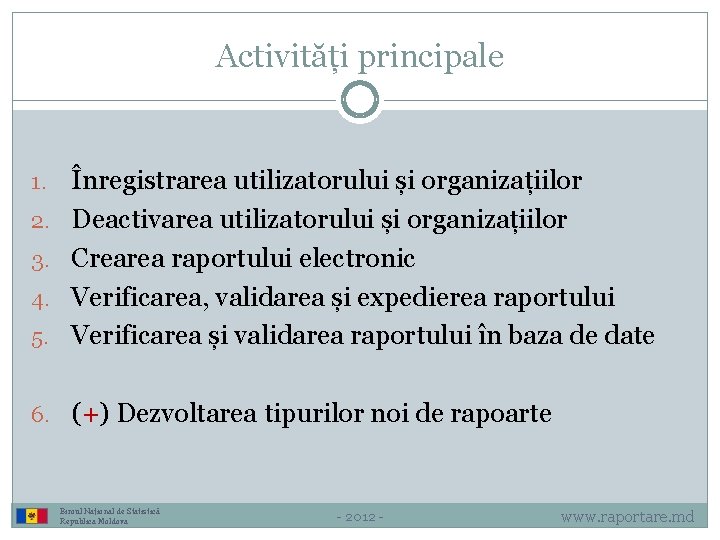 Activități principale 1. 2. 3. 4. 5. Înregistrarea utilizatorului și organizațiilor Deactivarea utilizatorului și