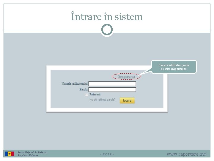 Întrare în sistem Fiecare utilizator poate se auto inregistreze Biroul Național de Statistică Republica