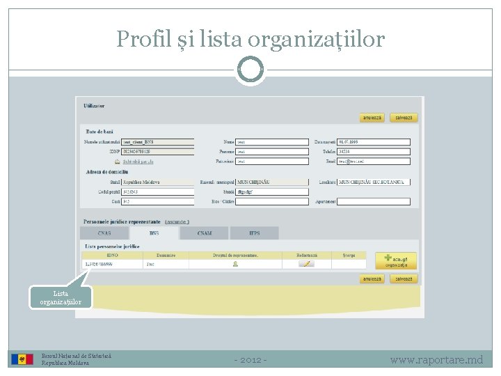 Profil și lista organizațiilor Lista organizațiilor Biroul Național de Statistică Republica Moldova - 2012