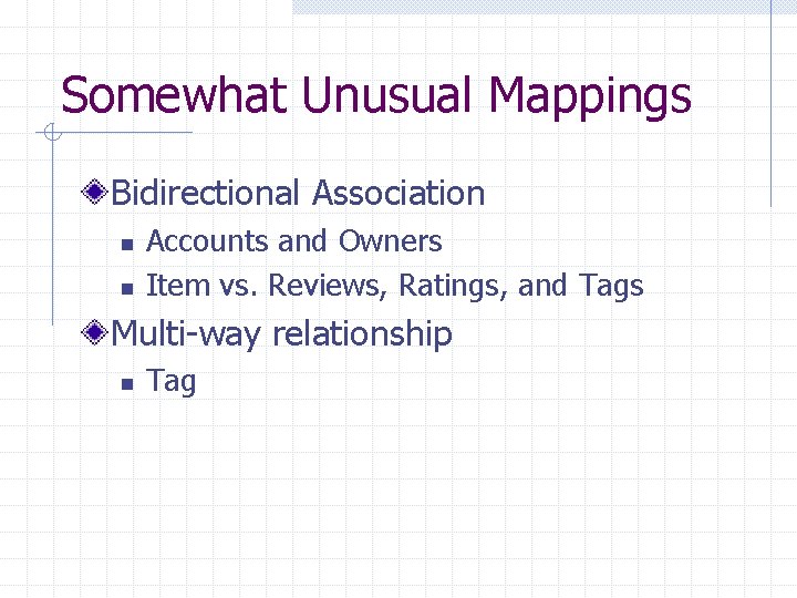 Somewhat Unusual Mappings Bidirectional Association n n Accounts and Owners Item vs. Reviews, Ratings,