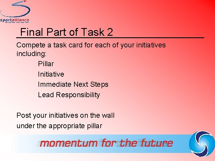 Final Part of Task 2 Compete a task card for each of your initiatives