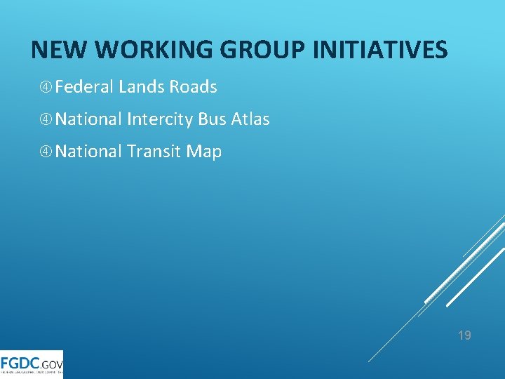 NEW WORKING GROUP INITIATIVES Federal Lands Roads National Intercity Bus Atlas National Transit Map