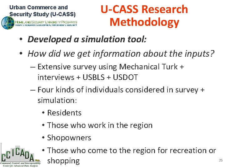Urban Commerce and Security Study (U-CASS) U-CASS Research Methodology • Developed a simulation tool: